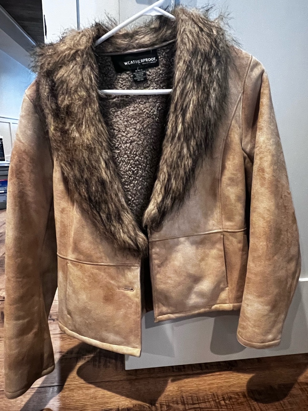 Weatherproof Tan Faux Shearling Jacket with Fur-Trim Collar